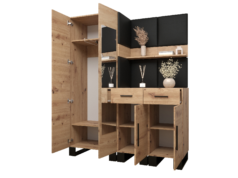 Set mobilier pentru hol Amanda 15 (Stejar artisan + piele ecologică Negru)