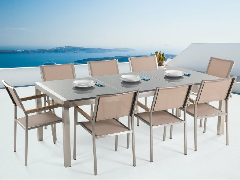 Set de masă pentru grădină Grosso (gri închis) (scaune bej) (pentru 8 persoane) (granit)