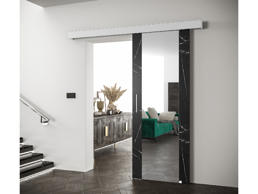 Uși culisante 90 cm Sharlene II (marmură negru + alb mat + argintiu) (cu oglindă)