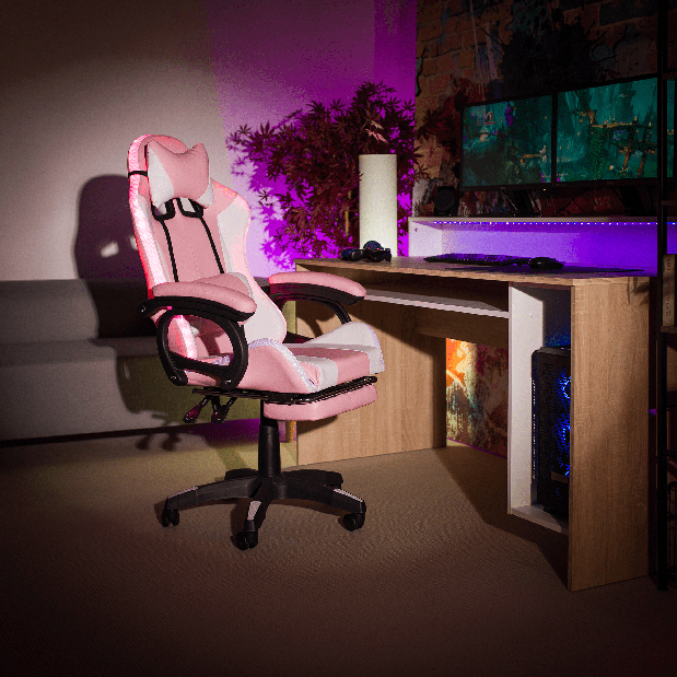 Fotoliu birou Juventa (cu RGB iluminat LED) (roz + alb)