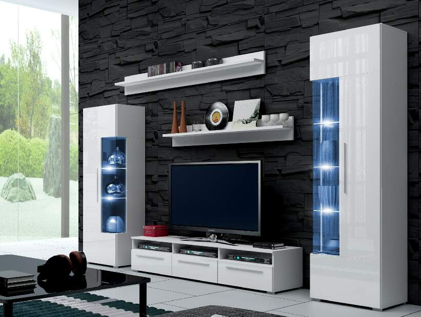 Mobilier camera de zi Randi I (alb + alb lucios) (cu iluminat) *vânzare stoc