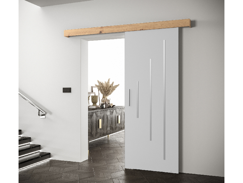 Uși culisante 90 cm Sharlene Y (alb mat + stejar artisan + argintiu)