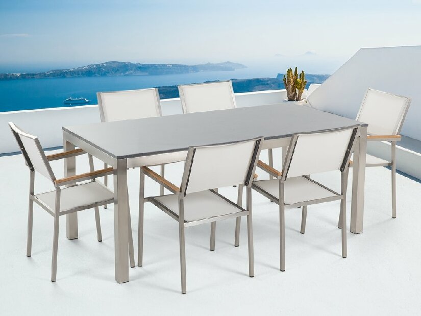 Set de masă pentru grădină Grosso (gri + maro închis) (scaune albe) (ca și întreg) (pentru 6 persoane) (granit)