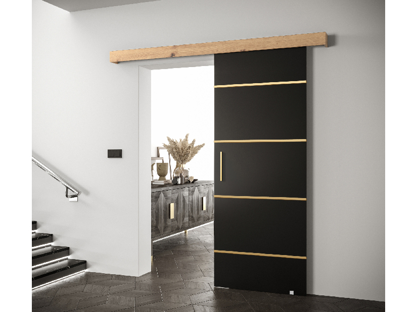 Uși culisante 90 cm Sharlene IV (negru mat + stejar artisan + auriu)