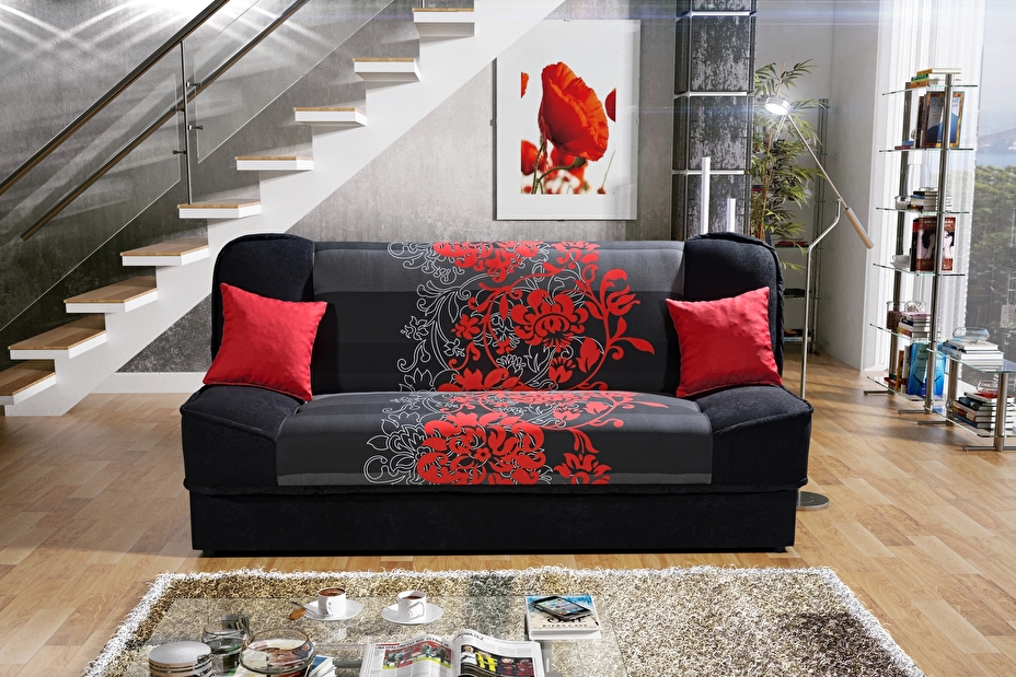 Canapea 3 locuri Șezut Finka 3R (Negru + floare roșie)