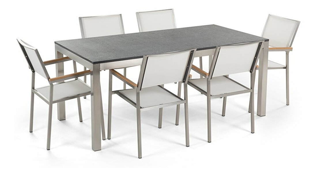Set de masă pentru grădină Grosso (gri + grafit) (scaune albe) (ca și întreg) (pentru 6 persoane) (granit)