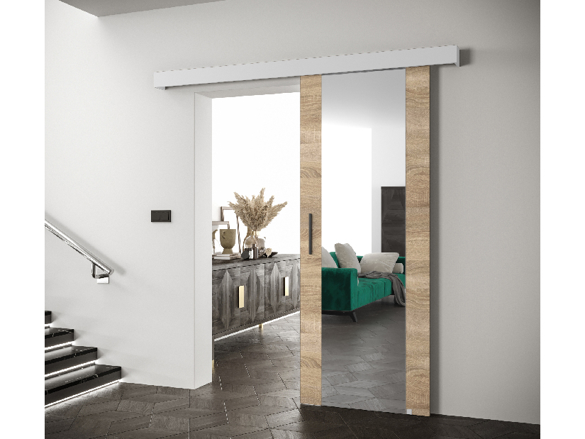 Uși culisante 90 cm Sharlene II (stejar sonoma + alb mat + negru) (cu oglindă)