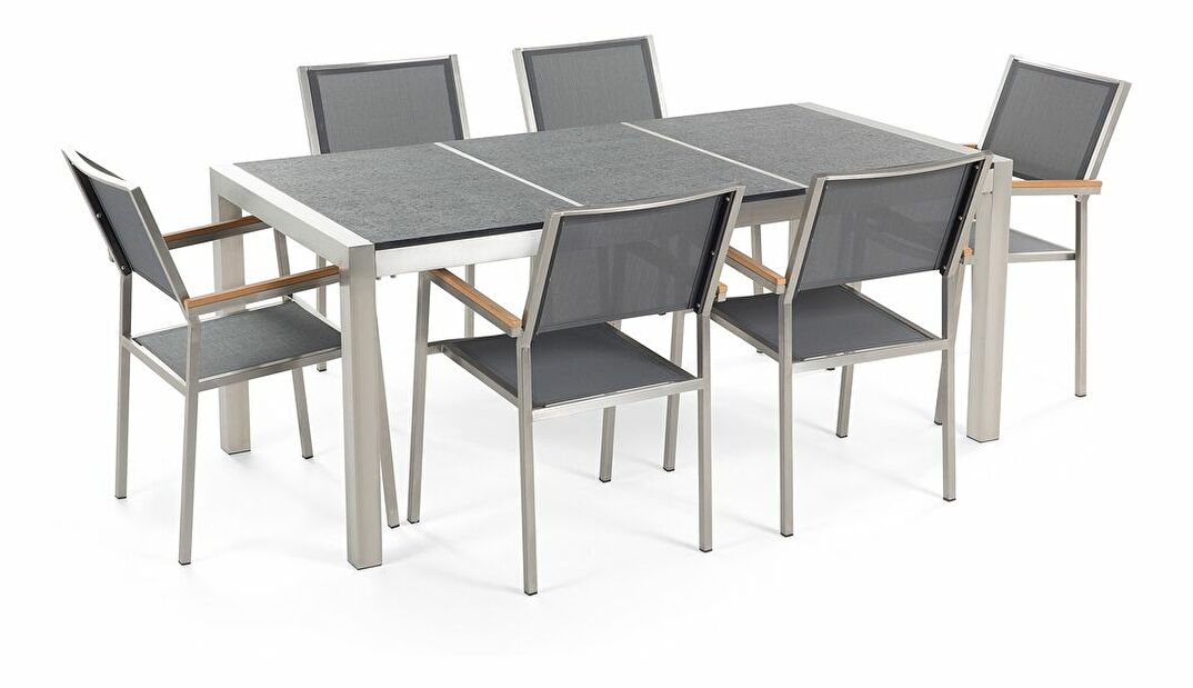 Set de masă pentru grădină Grosso (gri + grafit) (scaune gri) (pentru 6 persoane) (piatră)
