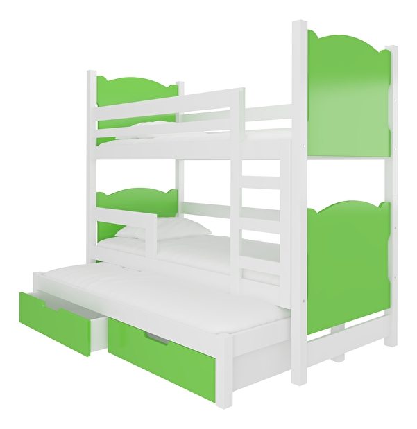 Pat etajat pentru copii 180x75 cm Lukrécia (cu somieră și saltea) (Alb + Verde)