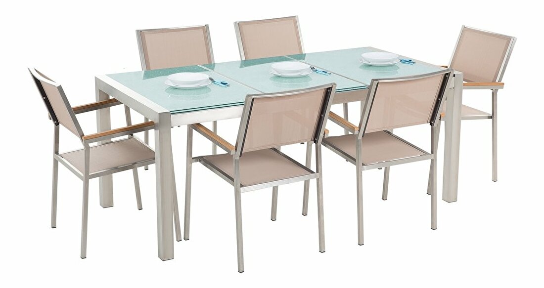 Set de masă pentru grădină Grosso (bej) (blat din sticlă 180x90 cm) (scaune bej)