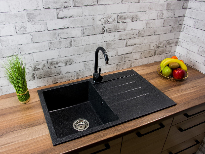 Chiuvetă de bucătărie Ruxom (negru + textură) (cu 3 orificii pentru robinet) (D)