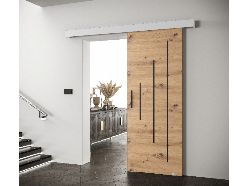 Uși culisante 90 cm Sharlene Y (stejar artisan + alb mat + negru)
