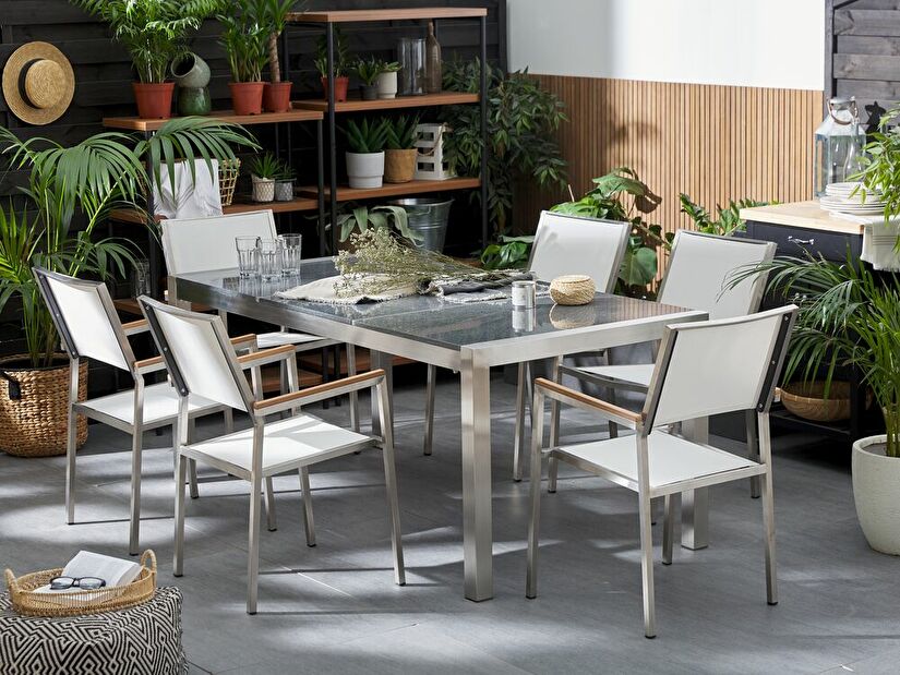Set de masă pentru grădină Grosso (gri + maro închis) (scaune albe) (pentru 6 persoane) (granit)