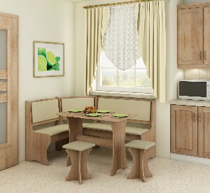Set de colț pentru sufragerie Joesph stejar sonoma deschis + piele ecologică bej (cu taburete) (pentru 5 persoane)