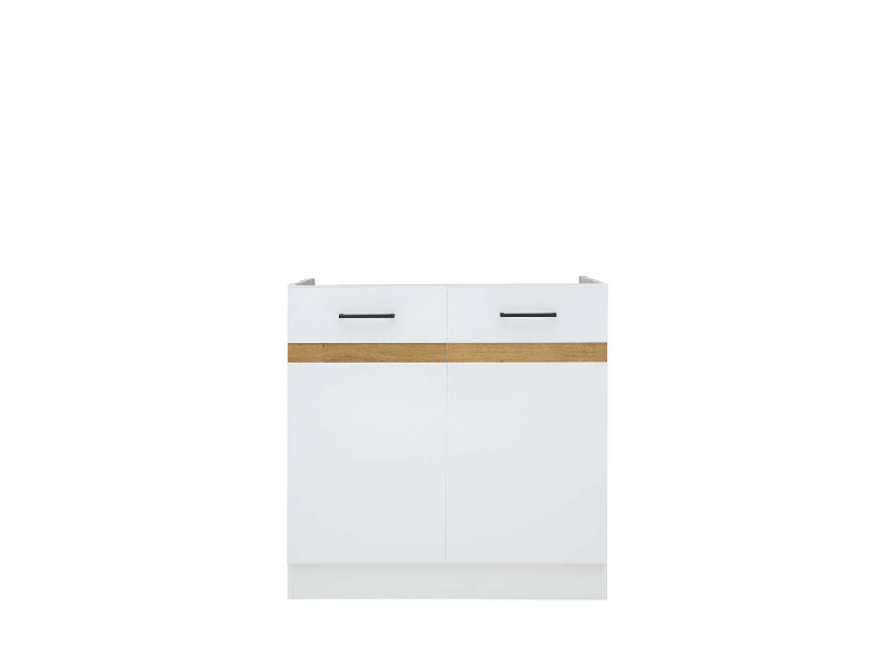 Dulap inferior de bucătărie sub chiuvetă Junona line DK2D/80/82 (Alb + Alb lucios + Stejar craft auriu)