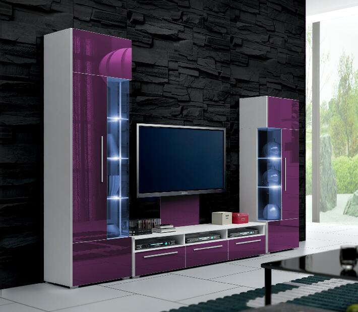 Mobilier camera de zi Randi II (Alb + Violet) (cu iluminat) *vânzare stoc