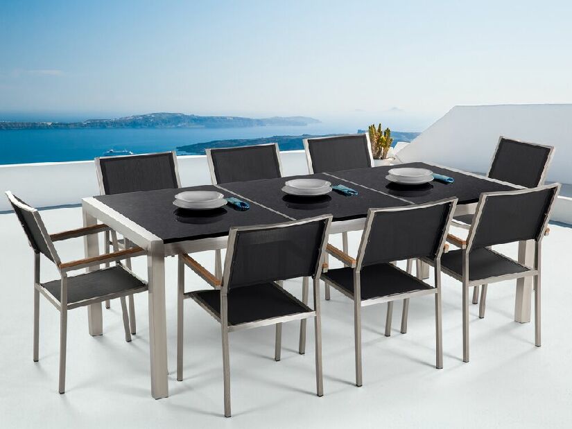 Set de masă pentru grădină Grosso (negru) (scaune negre) (pentru 8 persoane) (piatră)