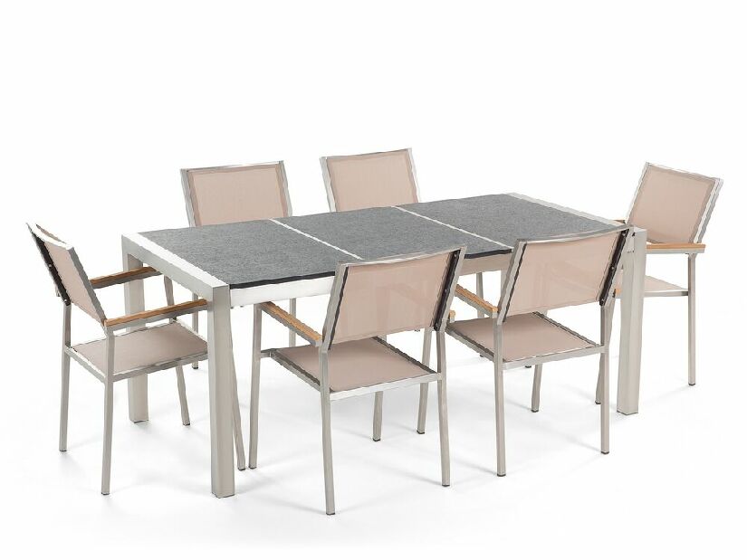 Set de masă pentru grădină Grosso (gri + grafit) (scaune bej) (pentru 6 persoane) (granit)