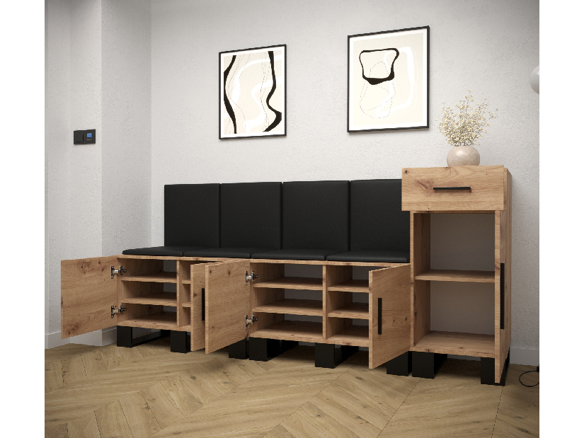 Set mobilier pentru hol Amanda 17 (Stejar artisan + piele ecologică Negru)