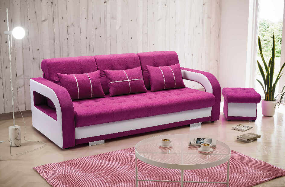 Canapea trei locuri Nicole (roz închis + Alb) (cu taburete)