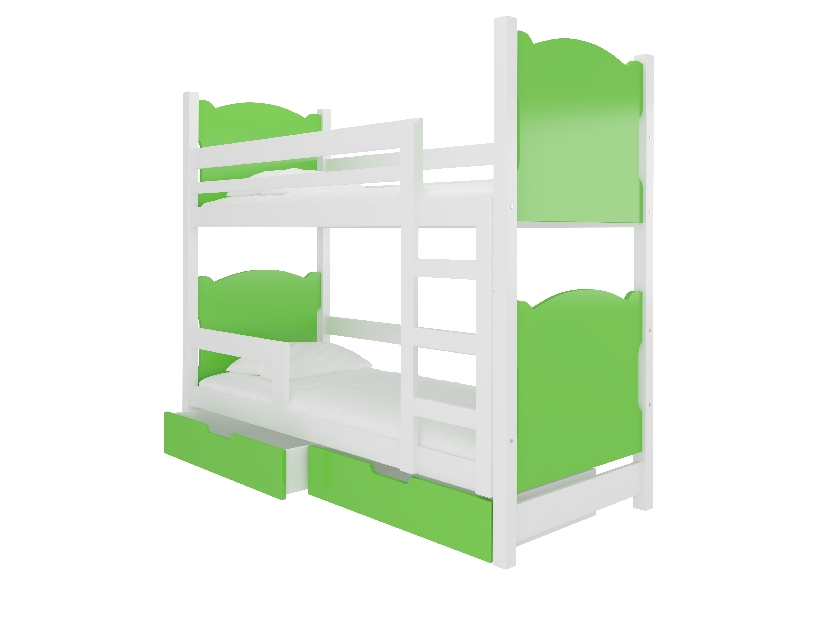 Pat etajat pentru copii 180x75 cm Marryann (cu somieră și saltea) (Alb + Verde)
