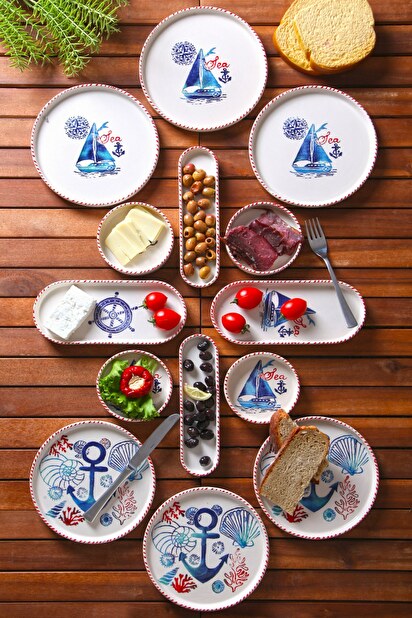Set farfurii mic dejun (14 Buc.) Kashmere (Alb + Albastru + Roșu)