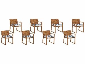 Set 8 buc. scaune de grădină SASAN (maro deschis) (cu perne cu dungi albastre)