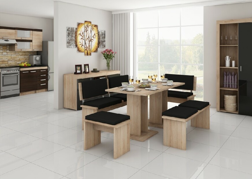 Set masă scaune pentru sufragerie Benito mare (stejar sonoma + negru) (pentru 6 persoane)