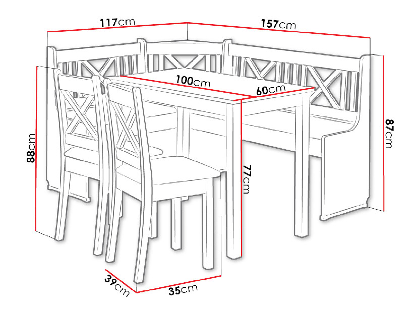 Colț bucătărie + Masă cu scaune Sandonia 1 (Alb) (amor velvet 4322)