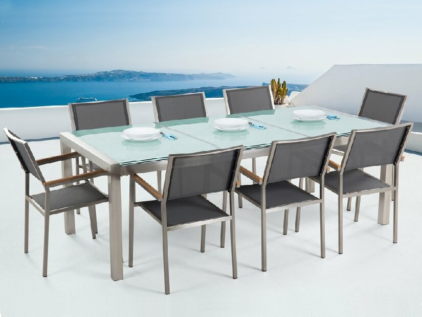 Set de masă pentru grădină Grosso (gri închis) (blat din sticlă 210x100 cm) (scaune gri)