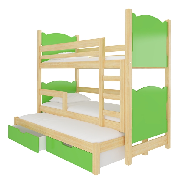 Pat etajat pentru copii 180x75 cm Lukrécia (cu somieră și saltea) (Pin + Verde)