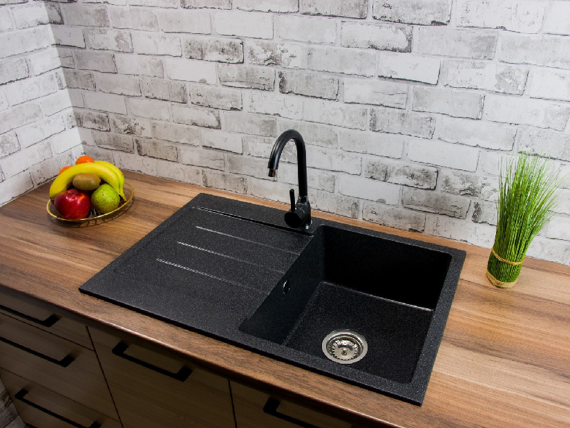 Chiuvetă de bucătărie Ruxom (negru + textură) (cu 2 orificii pentru robinet) (S)