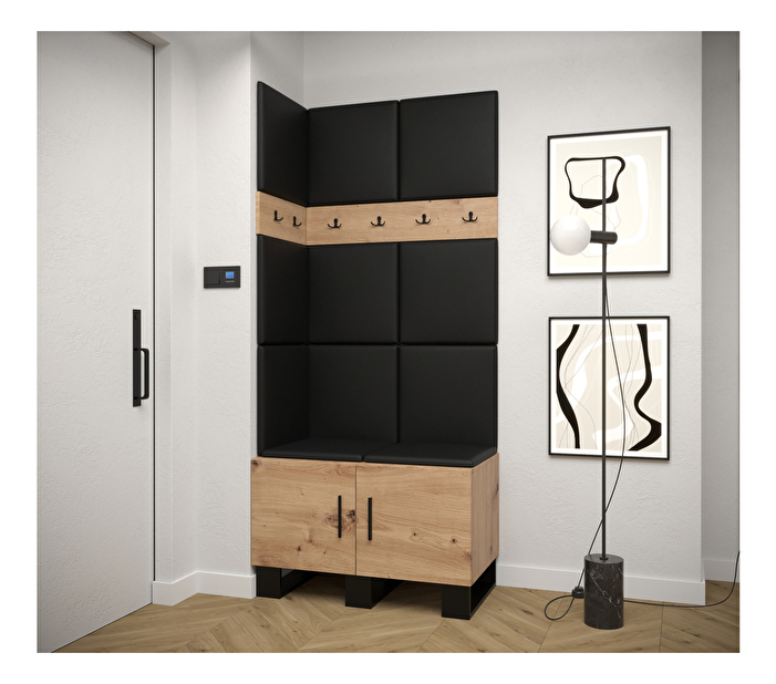 Set mobilier pentru hol Amanda 11 (Stejar artisan + piele ecologică Negru)