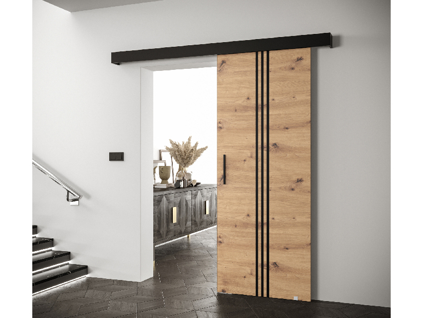Uși culisante 90 cm Sharlene V (stejar artisan + negru mat + negru)