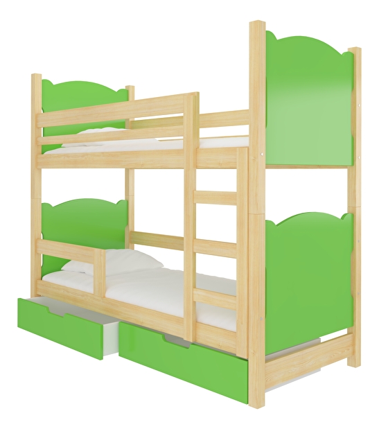 Pat etajat pentru copii 180x75 cm Marryann (cu somieră și saltea) (Pin + Verde)