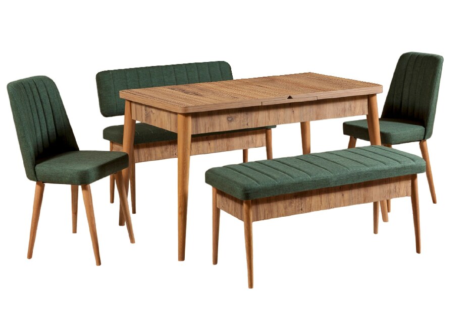 Masă de sufragerie extensibilă cu 2 scaune și 2 bănci Vlasta (pin antlantic + verde)