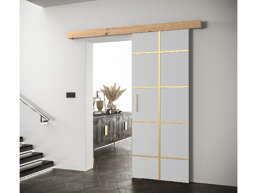 Uși culisante 90 cm Sharlene III (alb mat + stejar artisan + auriu)