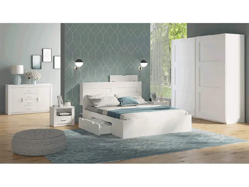 Dormitor (pat 160X200 cm, 2 buc Noptieră, Dulap) Ramiok (alb)
