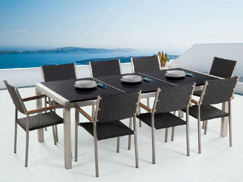Set de masă pentru grădină Grosso (negru) (scaune din ratan) (pentru 8 persoane) (piatră)
