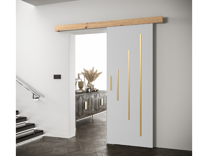 Uși culisante 90 cm Sharlene Y (alb mat + stejar artisan + auriu)