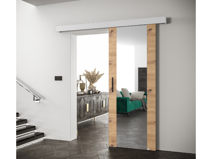 Uși culisante 90 cm Sharlene II (stejar artisan + alb mat + negru) (cu oglindă)