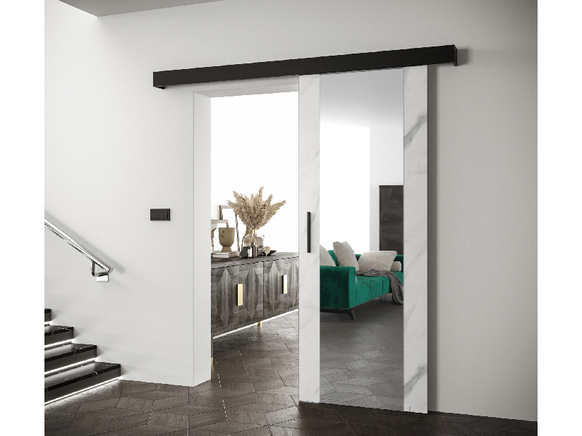 Uși culisante 90 cm Sharlene II (marmură alb + negru mat + negru) (cu oglindă)