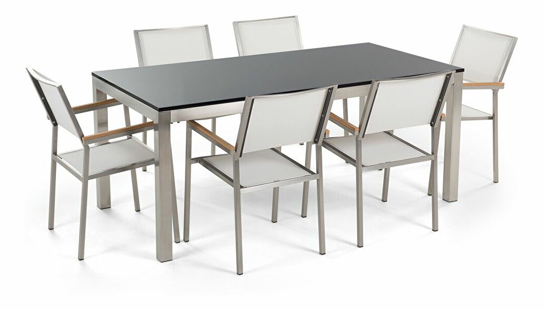 Set de masă pentru grădină Grosso (negru) (scaune albe) (pentru 6 persoane) (piatră)