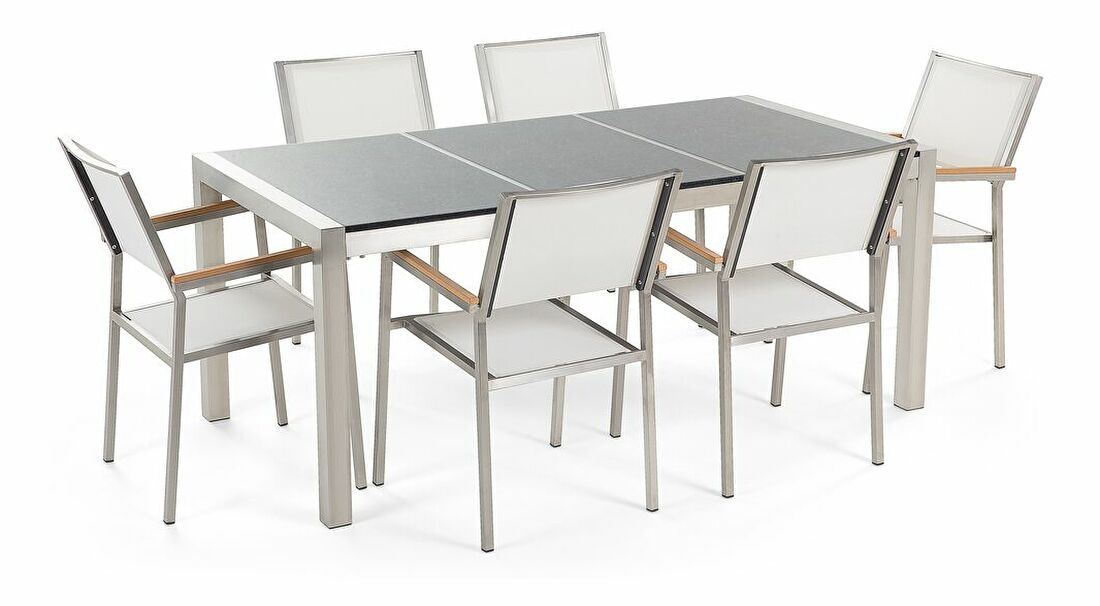 Set de masă pentru grădină Grosso (gri + maro închis) (scaune albe) (pentru 6 persoane) (granit)