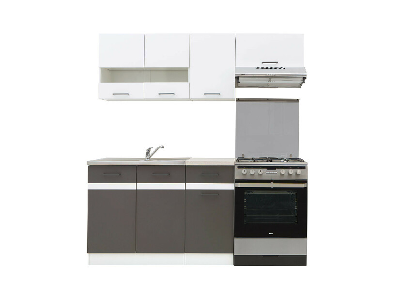 Bucătărie Junona line 180 cm (alb lucios + gri wolfram + alb) *vânzare stoc