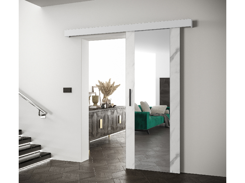 Uși culisante 90 cm Sharlene II (marmură alb + alb mat + negru) (cu oglindă)