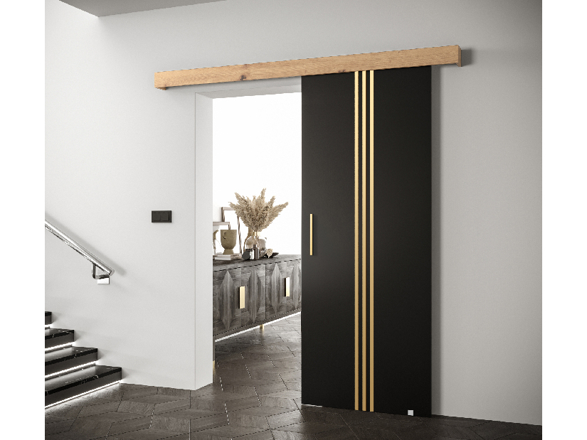 Uși culisante 90 cm Sharlene V (negru mat + stejar artisan + auriu)