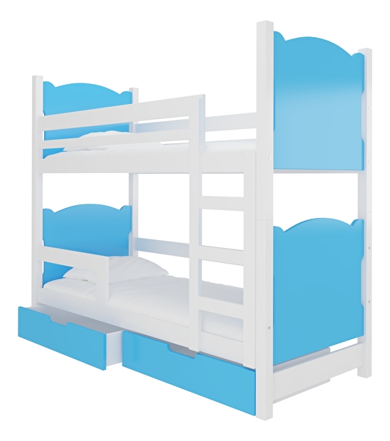 Pat etajat pentru copii 180x75 cm Marryann (cu somieră și saltea) (Alb + Albastru)