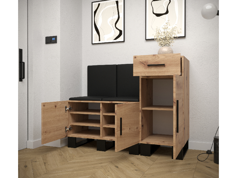 Set mobilier pentru hol Amanda 18 (Stejar artisan + piele ecologică Negru)