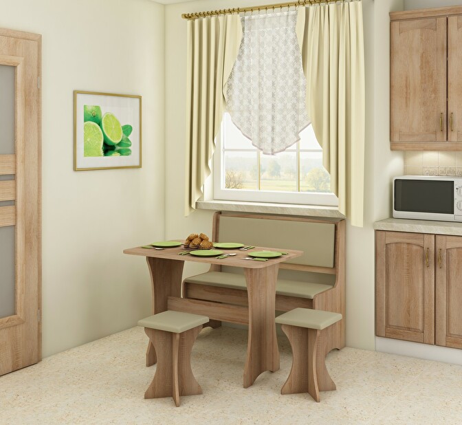 Set de sufragerie Joette Stejar sonoma deschis + piele ecologică bej (cu taburete) (pentru 4 persoane) *vânzare stoc